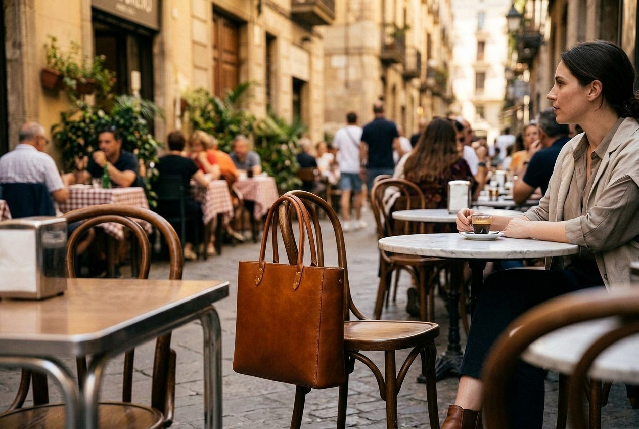 La stessa borsa indossata da una modella in un bar, scena in stile reportage