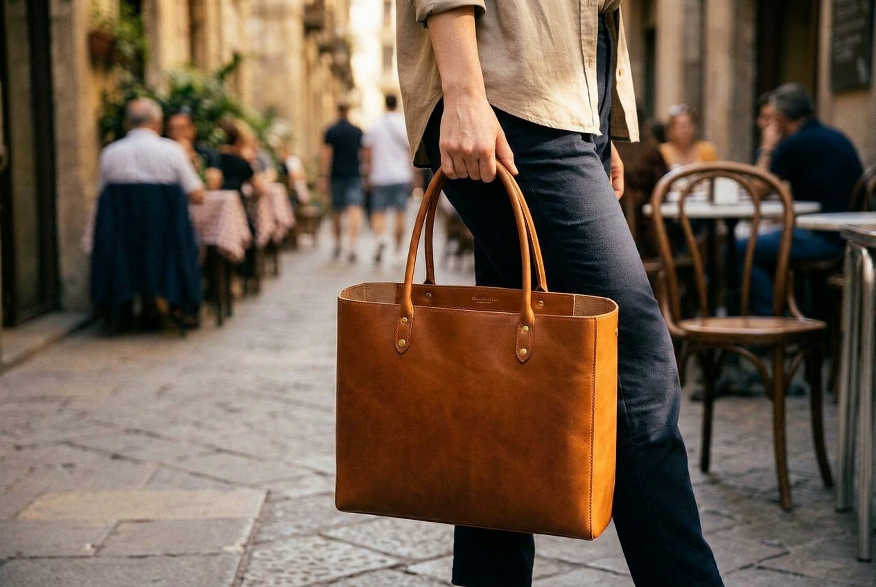 Dettaglio ravvicinato della borsa, materiale e finiture in primo piano