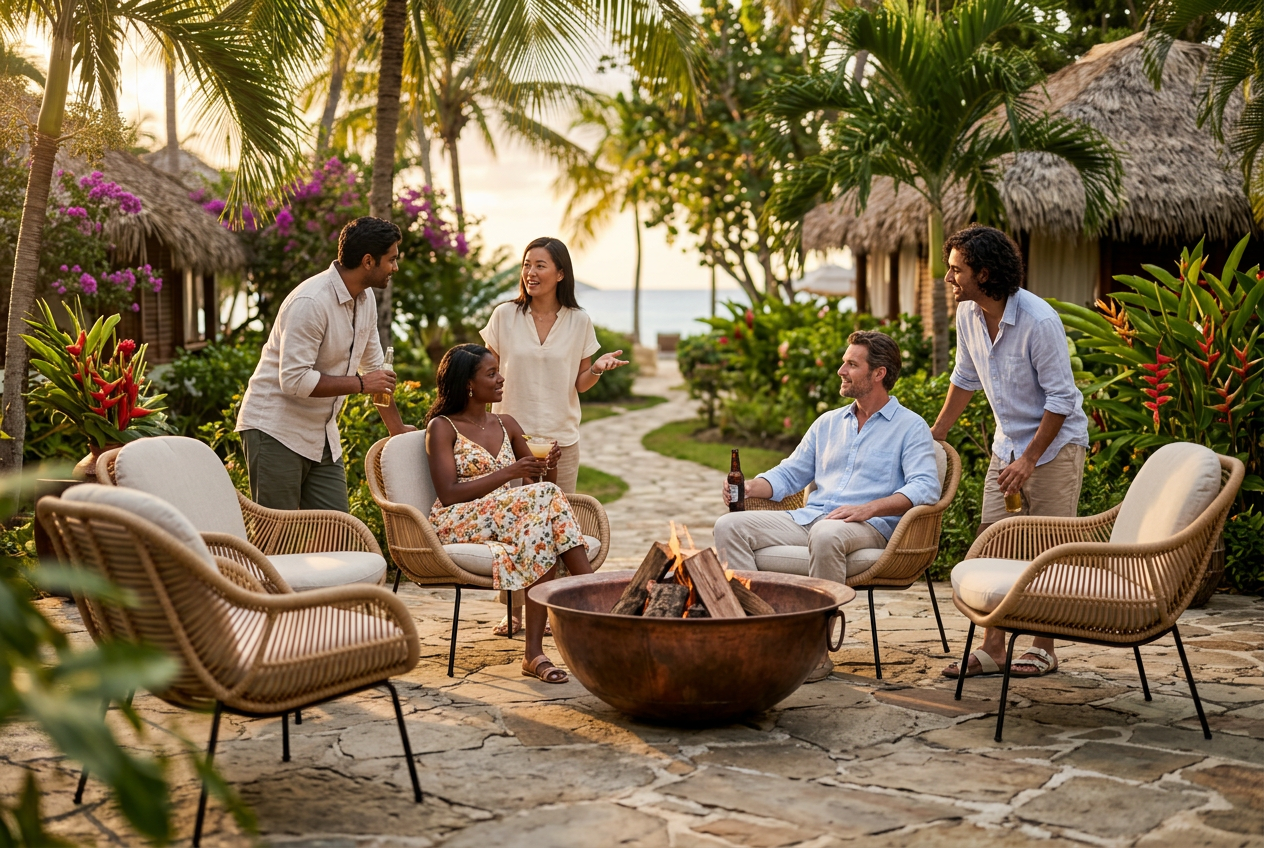 La stessa poltrona ambientata sulla terrazza di un resort tropicale al tramonto