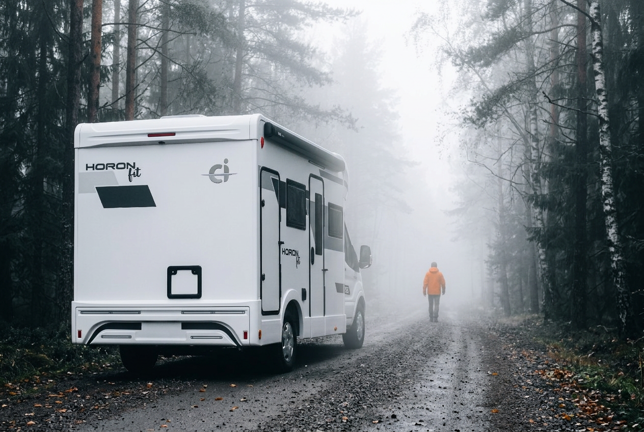Figura in giubbotto arancione in una foresta nella nebbia, atmosfera diffusa e silenziosa