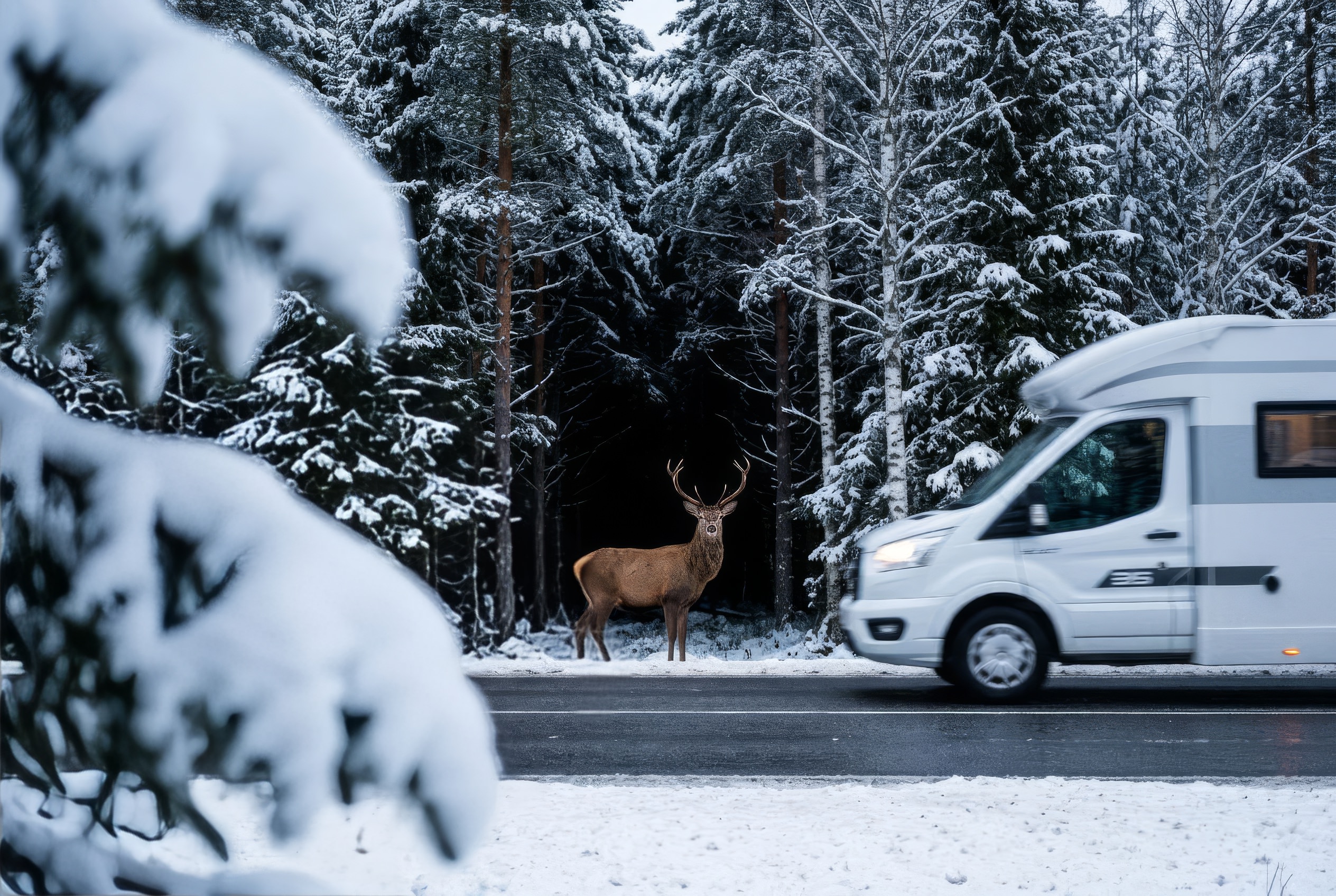 Figura in giubbotto arancione in una foresta invernale, chiusura della sequenza nordica